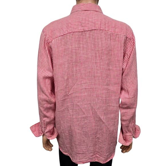 BUGATCHI Uomo Linen Shirt Men L Gingham Check Contrast Flip Cuffs Long Sleeve - Picture 8 of 12